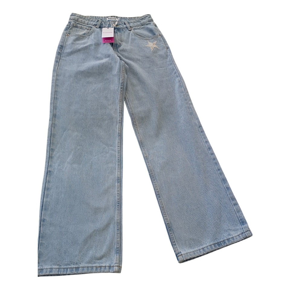 Beginning Boutique Charli Light Wash Midrise Wide Leg Star Patch Jeans 28x32 NWT